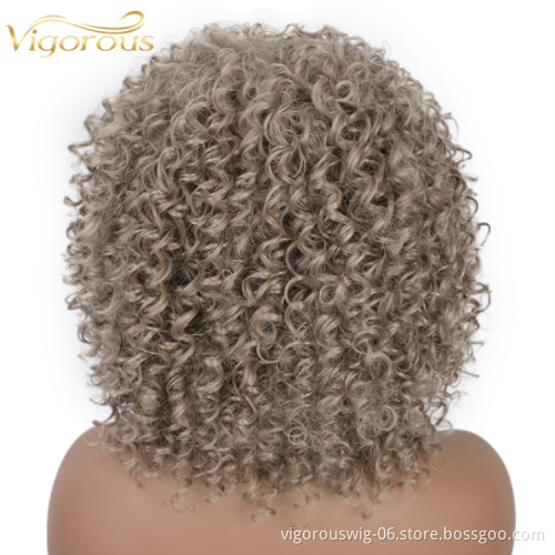 Vigorous Afro Kinky Curly Top Quality Cheap Colorful Fiber With Bangs For Black Women Premium Short Bob Synthetic Wig